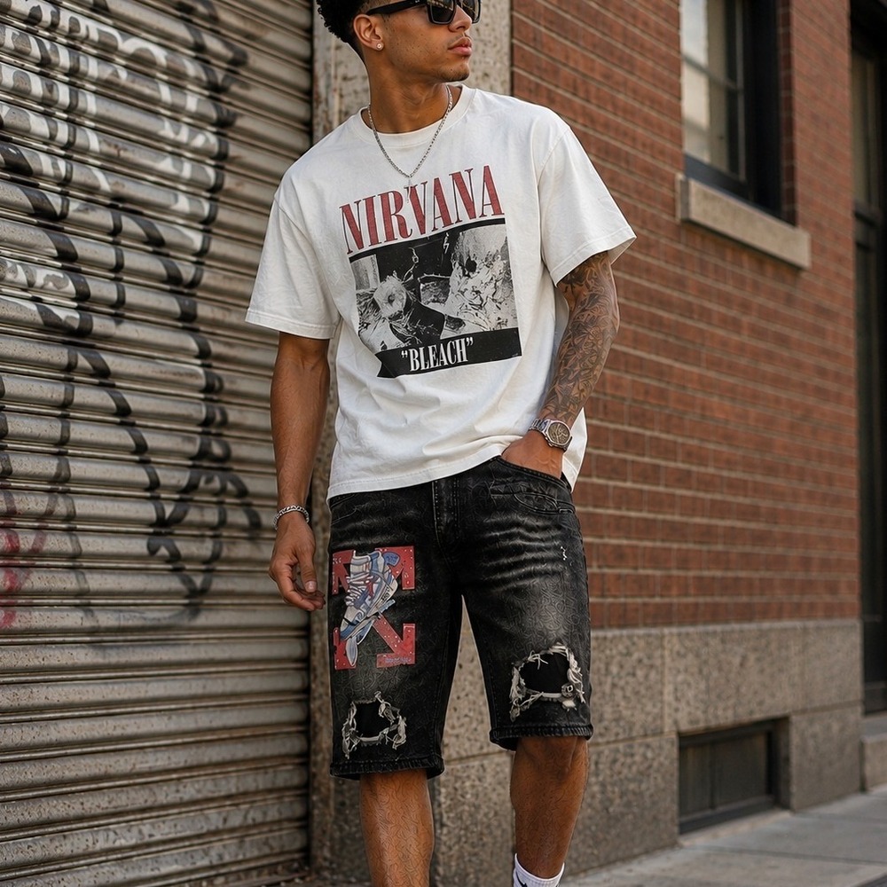ZLIXUAN Men's Distressed Denim Shorts Sneaker Graphic Black Jean Shorts 34